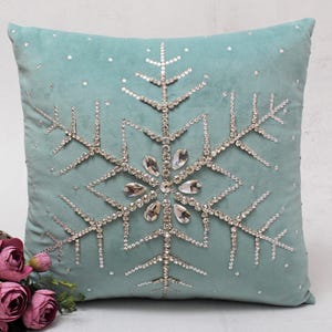 Christmas Blue Silver Bling Throw Pillow cover Luxury Contemporary Modern Pillow cover Hand Embroidered Embellished  BMCC251