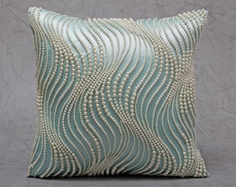 Light aqua Pearl throw Pillow Cover, Embroidered Embellished Pillow Cover, Accent Modern Throw Pillow Cover, Contemporary Pillow BMCC289