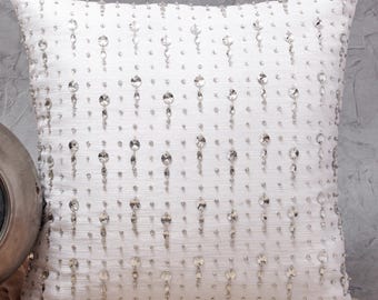 Hand Embroidered White Pillow Cover: Silver Beads, Rhinestones, Modern Glam | BMCC271