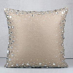 Beige Bling Crystal Throw Pillow Cover Luxury Contemporary Modern Pillow Cover Hand Embroidered Embellished  BMCC104