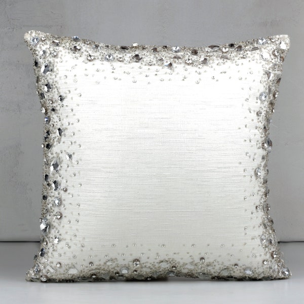 White Bling Crystal Throw Pillow Cover Luxury Contemporary Modern Pillow Cover Hand Embroidery Embellished  16x16 BMCC105