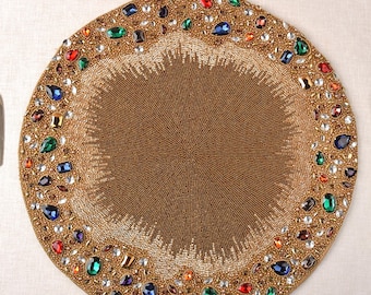 Luxury Beaded Placemat Gold, antique gold and colourful beaded bling placemat for Dining table Kitchen Decor Dining couture BMTPL012