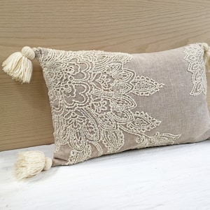 Beige Off-white Cotton Poly Blend Pillow Luxury Contemporary Throw Pillow Modern Hand Embroidered Embellished Custom pillow 030