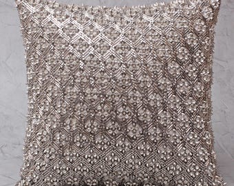 Hand Embroidered Rhinestone Pillow Cover, Silver Studded Geometric Satin | BMCC318