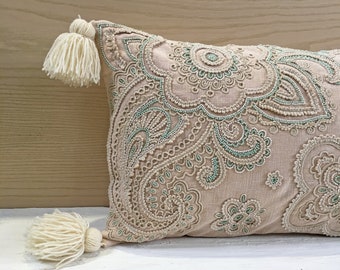 Blush Off-white sea green Cotton Poly Blend Pillow Luxury Contemporary Throw Pillow Modern Hand Embroidered Embellished Custom pillow 028