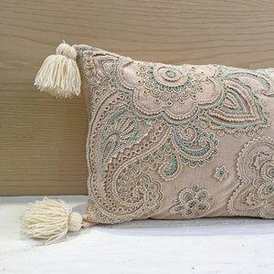 Blush Off-white sea green Cotton Poly Blend Pillow Luxury Contemporary Throw Pillow Modern Hand Embroidered Embellished Custom pillow 028