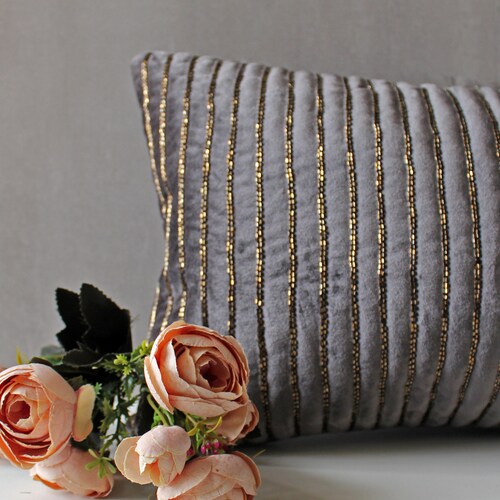 Black Antique Gold Beaded Throw Pillow Luxury Contemporary Etsy