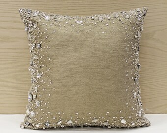 Gold Beaded Throw Cushion Cover Luxury Contemporary Modern Toss Pillow Hand Embroidered Embellished Custom Accent Personalised