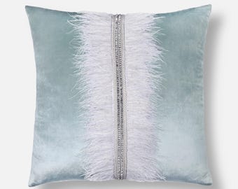 Light Blue Velvet Throw Pillow Cover, Silver Rhinestone & Feather Accent | BMCC490