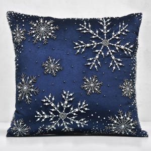 Christmas Navy Blue Grey pearl Snowflakes Bling Throw Pillow cover Luxury Contemporary Modern Pillow Hand Embroidered Embellished  BMCC387