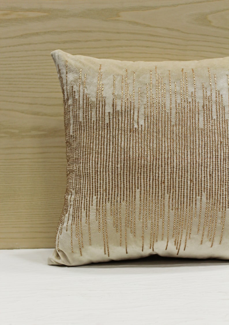 Ecru Rose Gold Beaded Throw Pillow Cover Luxury Contemporary Etsy
