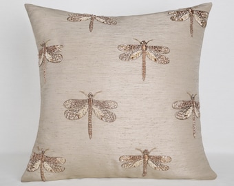 Gold Silk Throw Pillow Cover: Hand-Embroidered Dragonfly, Beaded Accent | BMCC454