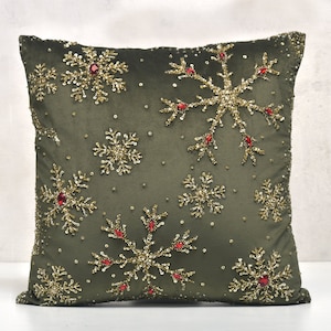 Weihnachten Grün Gold Schneeflocken Bling Dekokissenbezug Luxus Zeitgenössische Moderne Kissenbezug Hand bestickt verschönert BMCC386