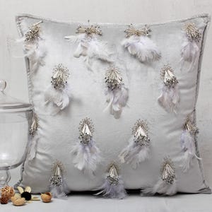 Silver Grey Bling Throw Pillow cover Luxury Contemporary Modern Pillow cover Hand Embroidered Embellished  BMCC233