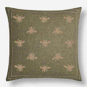 Sap Green Gold Embroidered Bee Insect Cushion Cover, Luxury Sofa Accent Décor