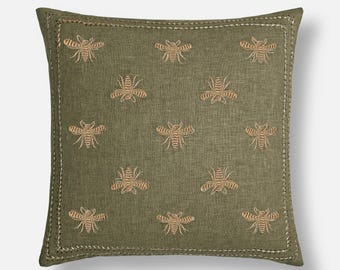 Sap Green Insect Embroidered Pillow Cover, Gold Zari Detail | BMCC144