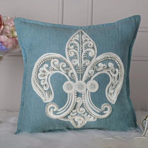 Blue Cotton Linen Blend Pillow Cover Luxury Contemporary Throw Pillow Cover Hand Embroidered Embellish Custom pillow cover BMCC222