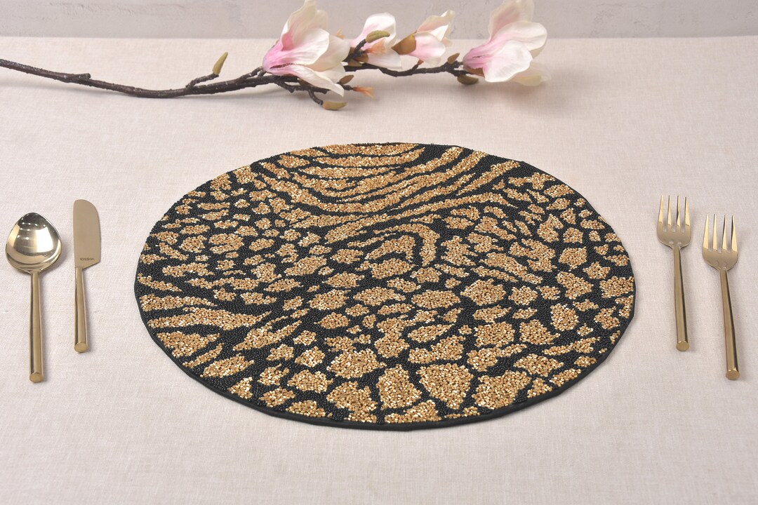 Luxury Beaded Placemat Black Gold Bling Beaded Placemat for Dining Table Kitchen Decor Dining
