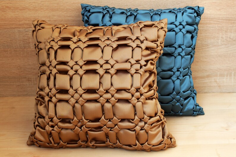 Brown Gold Satin Smocking Throw Pillow Luxury Contemporary Etsy