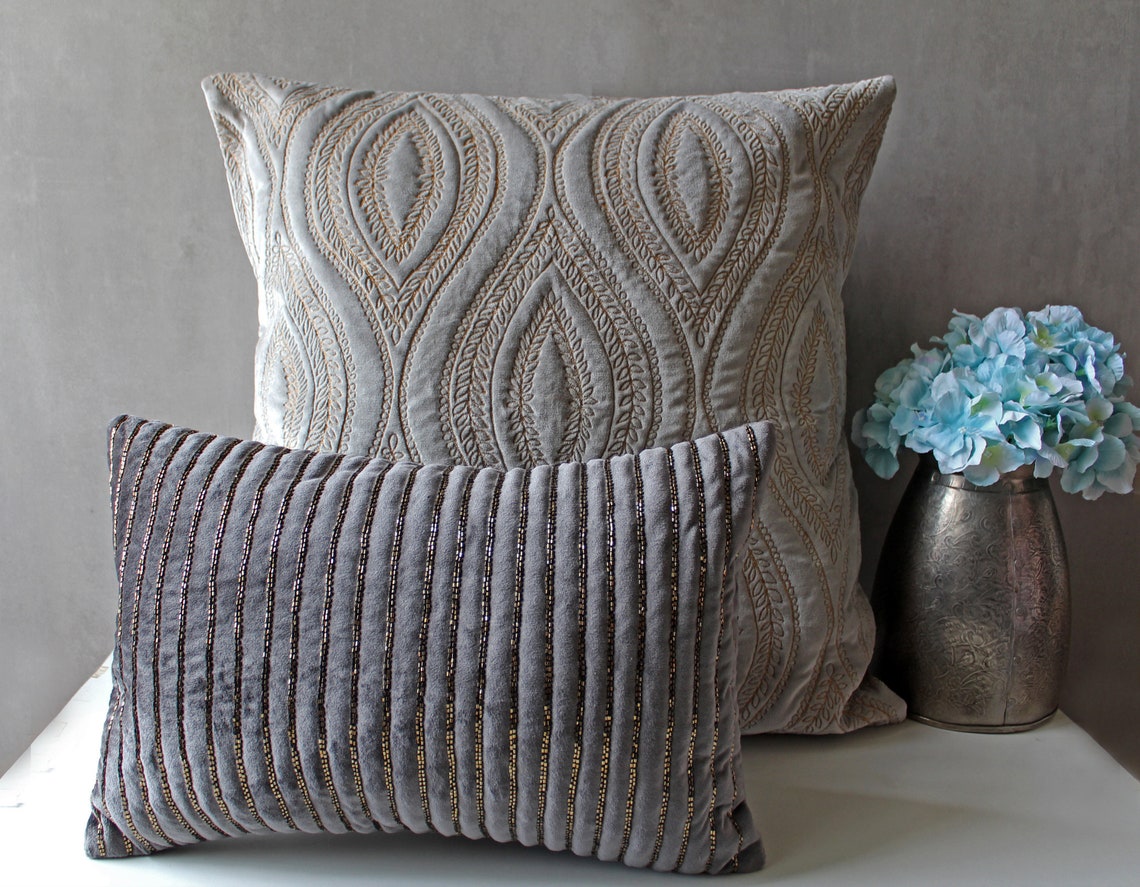Grey Velvet Euro Sham Throw pillow Luxury Contemporary Modern Etsy