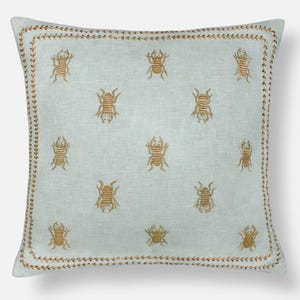 Blue Gold Cotton Poly Throw Pillow Cover Luxury Contemporary Modern Hand Embroidered Embellished Custom Accent Personalised pillow BMCC019