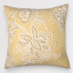 Yellow Cotton Linen Blend Throw Pillow Cover Wool, Bead Embroidery Luxury Contemporary Hand Embroidered Embellished Custom pillow BMCC160