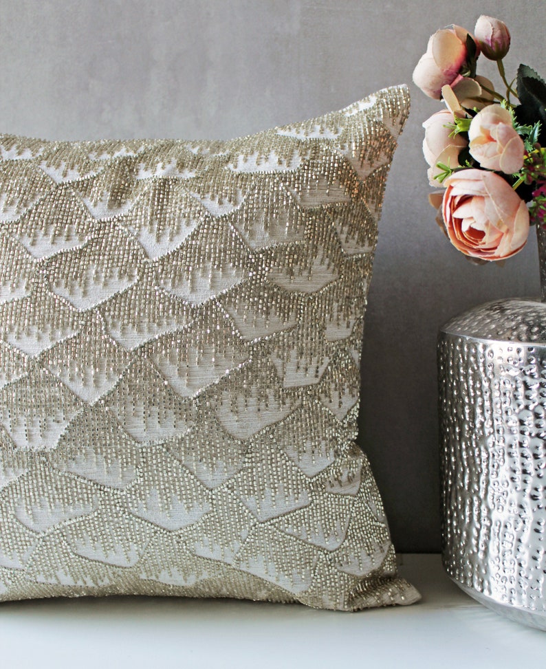 White Silver Beads Throw Pillow Luxury Contemporary Modern Etsy