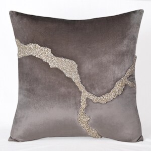Grey Silver Velvet Pillow cover Abstract beaded Luxury Contemporary Hand Embroidered Embellished Accent Personalised pillow cover BMCC367