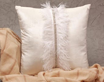 White Velvet Pillow Cover, Rhinestone & Feather Center Strip, Luxury Accent BMCC236
