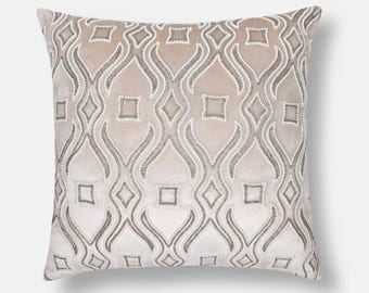 Cream Velvet Pillow Cover with Pearl & Silver Beads, Hand Embroidered | BMCC089