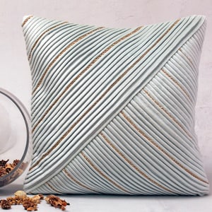 Light Blue Gold Bling Throw Pillow cover Luxury Contemporary Modern Pillow cover Hand Embroidered Embellished  BMCC264