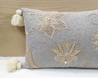 Grey Off-white Gold Cotton Poly Blend Pillow Luxury Contemporary Throw Pillow Modern Hand Embroidered Embellished Custom pillow 029