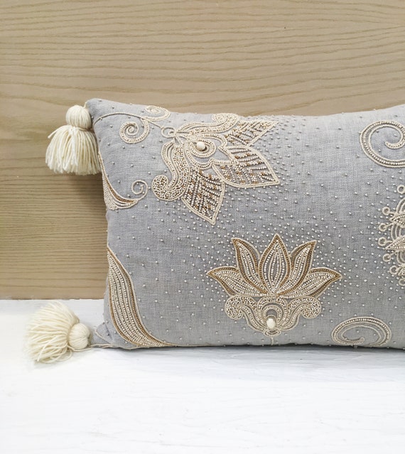 Grey Off white Gold Cotton Poly Blend Pillow Luxury Contemporary Throw Pillow Modern Hand Embroidered Embellished Custom Pillow 029 Etsy