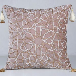 Dusty Pink Velvet white Gold Throw Pillow Cover Luxury Contemporary Modern Hand Embroidered Embellished Accent Personalised pillow BMCC434