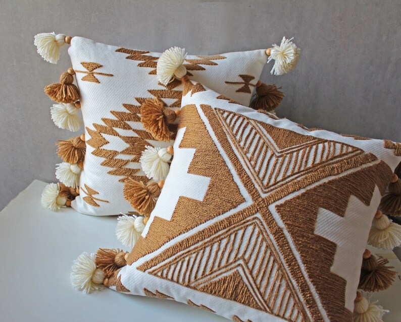 Offwhite Cotton Tan Wool Embroidery Boho Pillow Cover Luxury Etsy