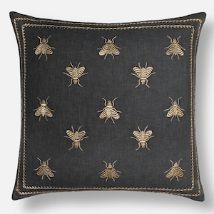 Charcoal Grey Gold Throw Pillow Cover Cotton Poly Luxury Contemporary Modern Hand Embroidered Embellished Accent Personalised pillow BMCC057