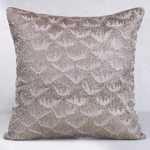Mauve Silver Beaded Throw Pillow Cover Luxury Contemporary Hand Embroidered Embellished Custom Accent Personalised Pillow Cover BMCC414
