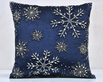 Christmas Navy Blue Grey pearl Snowflakes Bling Throw Pillow cover Luxury Contemporary Modern Pillow Hand Embroidered Embellished  BMCC387