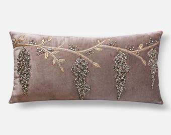 Grey Velvet Throw Pillow Cover, Hand Embroidered Crystal Leaf Design | BMCC241