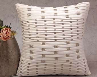 Hand Embroidered White Velvet Pillow Cover, Silver Beaded Luxury Design | BMCC244