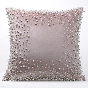 Dusty Pink Silver Bling and Pearl Throw Pillow cover Luxury Contemporary Modern Pillow cover Hand Embroidered Embellished  BMCC493