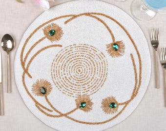 Luxury Beaded Placemat Offwhite Gold and Emerald bling beaded placemat for Dining table Kitchen Decor Dining couture BMTPL008
