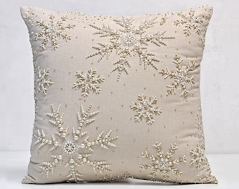 Christmas Light Beige Gold pearl Snowflakes Bling Throw Pillow cover Luxury Contemporary Modern Pillow Hand Embroidered Embellished BMCC390