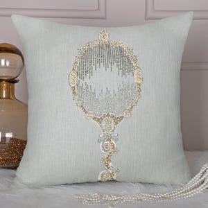 Light Blue Cotton Linen Pillow Cover Wool Zari Luxury Contemporary Throw Pillow Cover Modern Hand Embroidered Embellished Custom BMCC223
