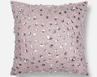 Blush Pink Rhinestone Pillow Cover, Hand Embroidered Crystal Accent | BMCC102