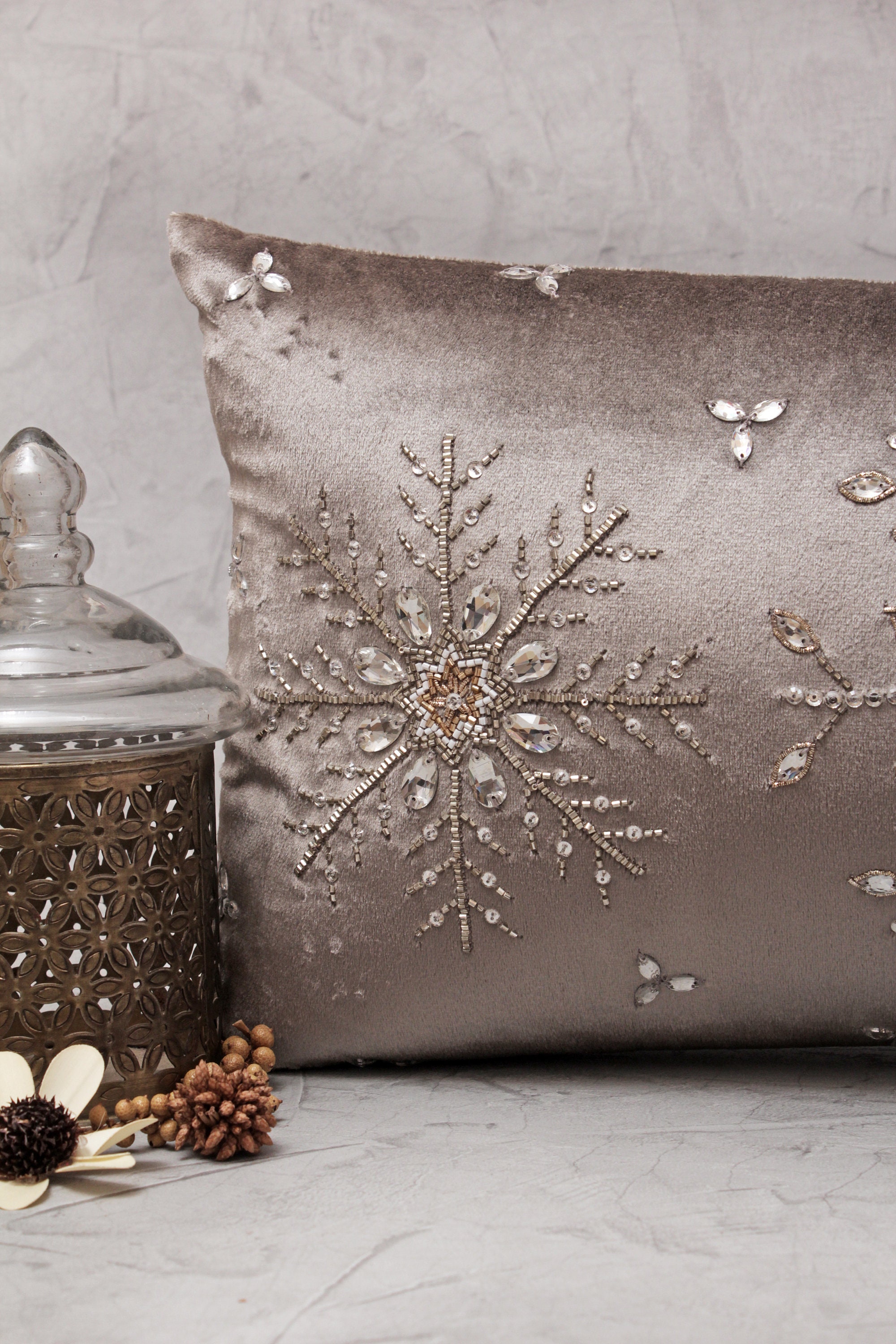 Winter Wonder Lane Gray & Silver Embroidered Snowflake Throw Pillow