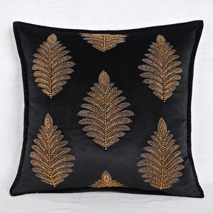 Black Antique Gold Throw Pillow cover Luxury Contemporary Modern Pillow cover Hand Embroidered Embellished  BMCC228