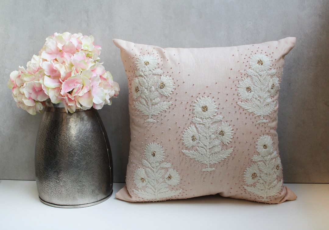 Blush Pink Cotton Linen Blend Pillow Cover Wool and Beaded Luxury