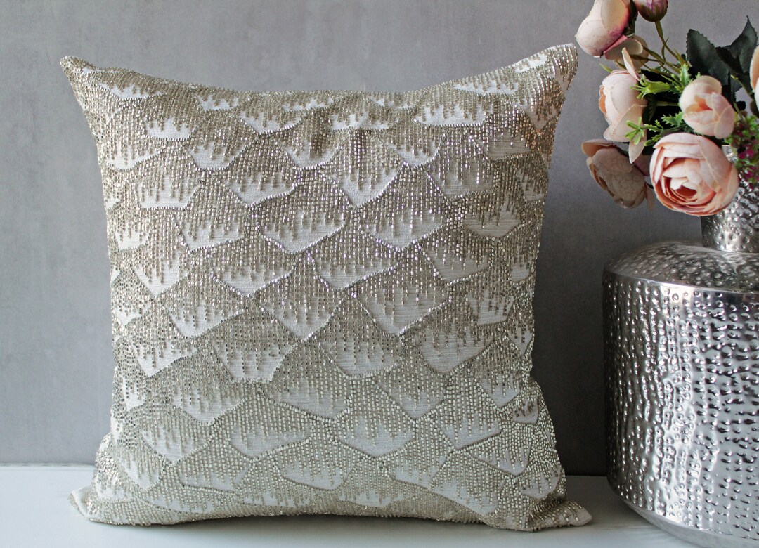 White Silver Beads Throw Pillow Luxury Contemporary Modern Toss Pillow