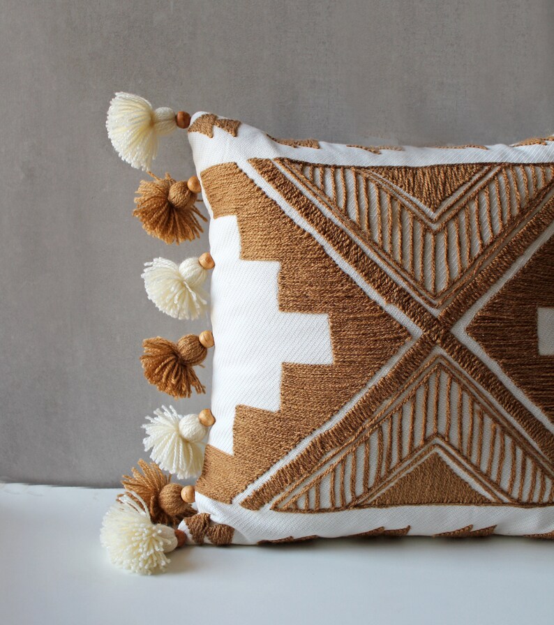 Offwhite Cotton Tan Wool Embroidery Boho Pillow Cover Luxury Etsy